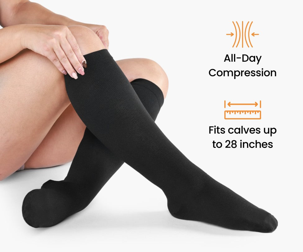 Black Everstride socks with All-Day Compression and 28-inch calf fit labels