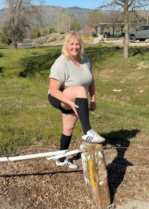 Woman wearing Everstride socks outdoors