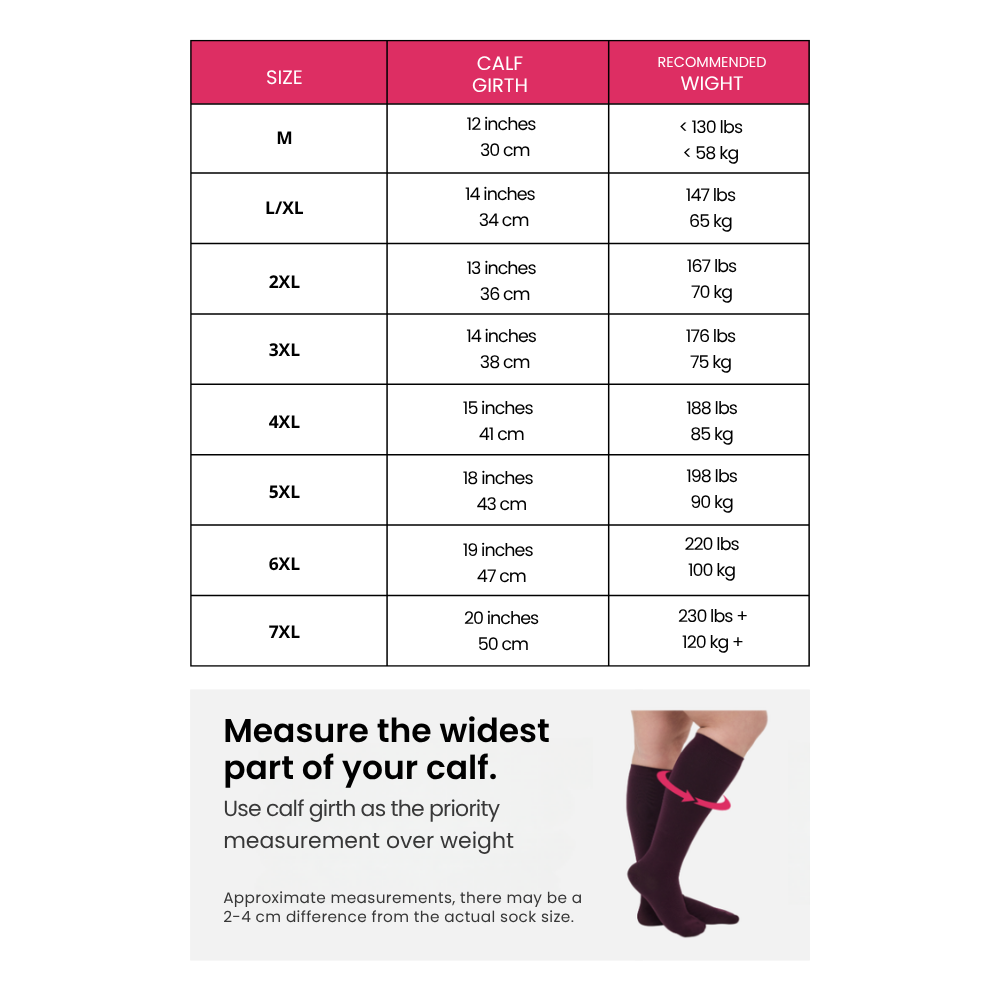 Originals size chart: S/M through 7XL with calf girth and recommended weight ranges