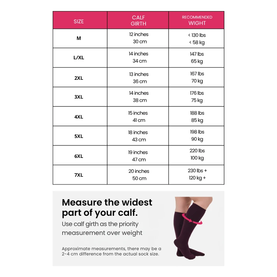 Bamboo size chart: S/M through 7XL with calf girth and recommended weight ranges