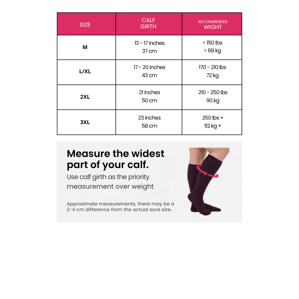 Stripes size chart: M through 3XL with calf girth and recommended weight ranges